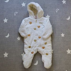 Juicy Couture Baby Girl White Outdoor Snowsuit with Gold Sequin Hearts Sz 6-9M